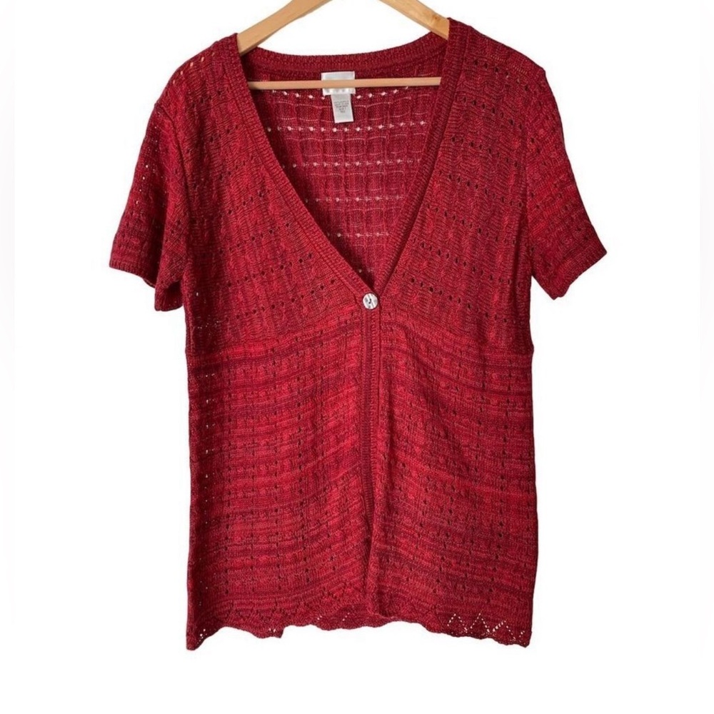 Chicos burgundy/maroon short sleeve open knit cardigan Size 3